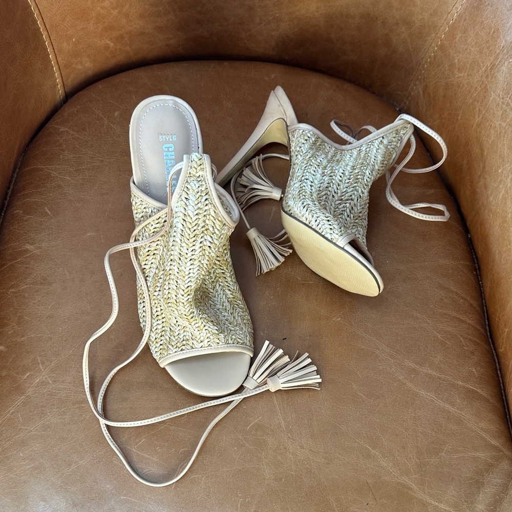 Woven Beige Lace-Up Open-Toe Heels with Tassels